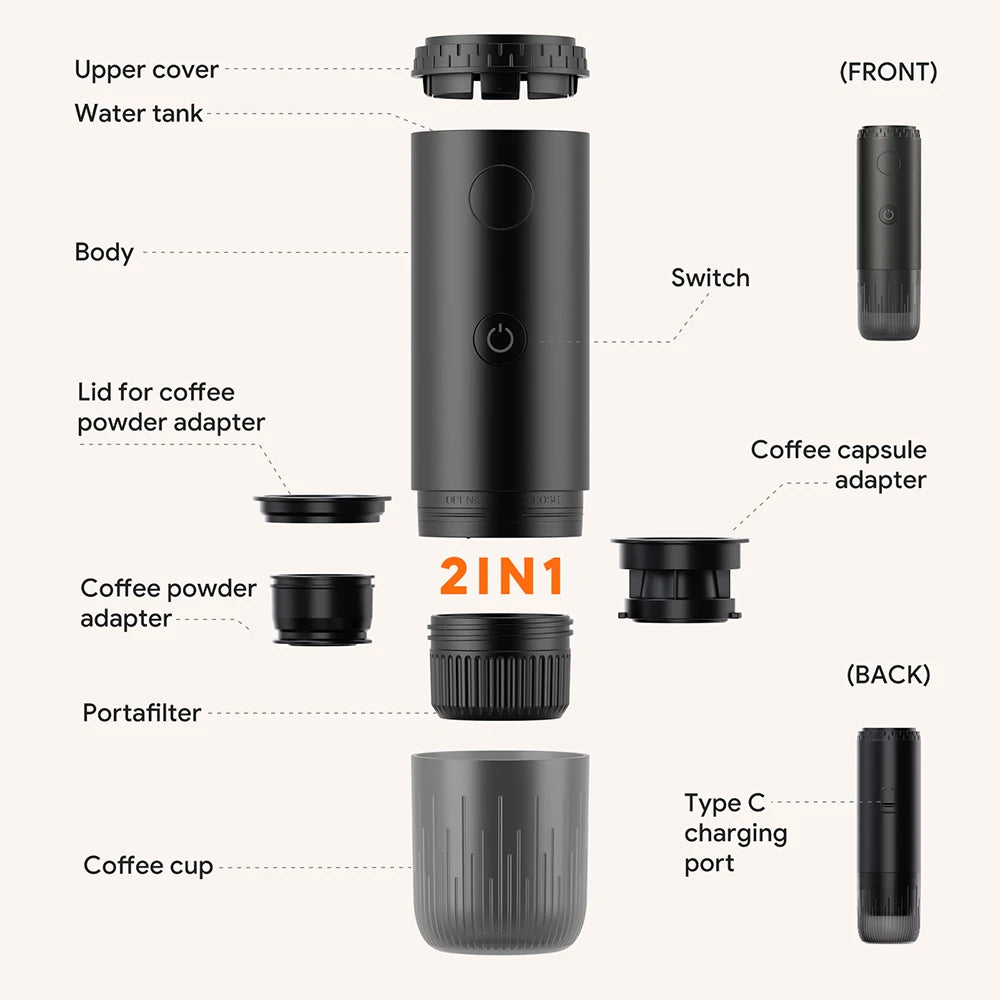 RECAFIM Wireless Electric Portable Espresso Coffee Machine for Car Home Camping Coffee Maker Fit Nespresso Dolce Capsule Powder