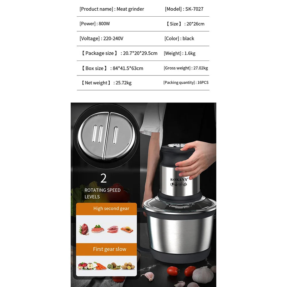800W 3L Meat Grinder Electric Stainless Steel Blender Mixer Machine for Kitchen Food Processors Chopper Meat Mincer 220V