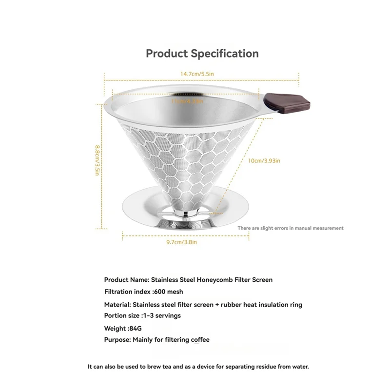 B98A-Pour Over Coffee Filter Dripper Reusable Stainless Steel Drip Coffee Maker Cone Coffee Mesh Filters For 1-4 Cup