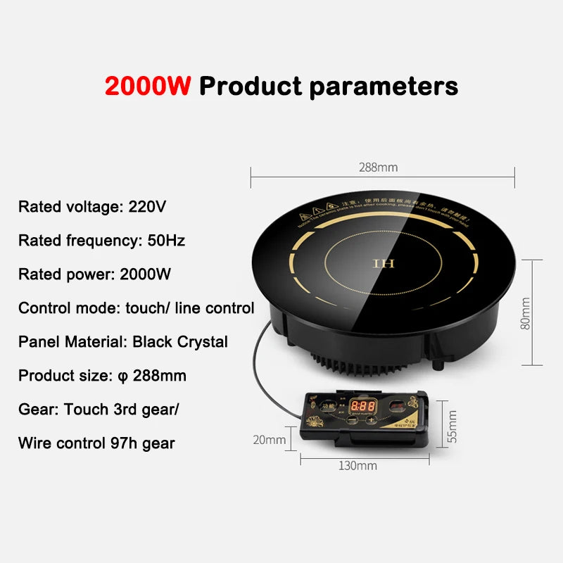 DMWD 2000W Round Electric Magnetic Induction Cooker Wire Control Black Crystal Panel Hotpot Cooktop Stove Cooktop Hot Pot Oven