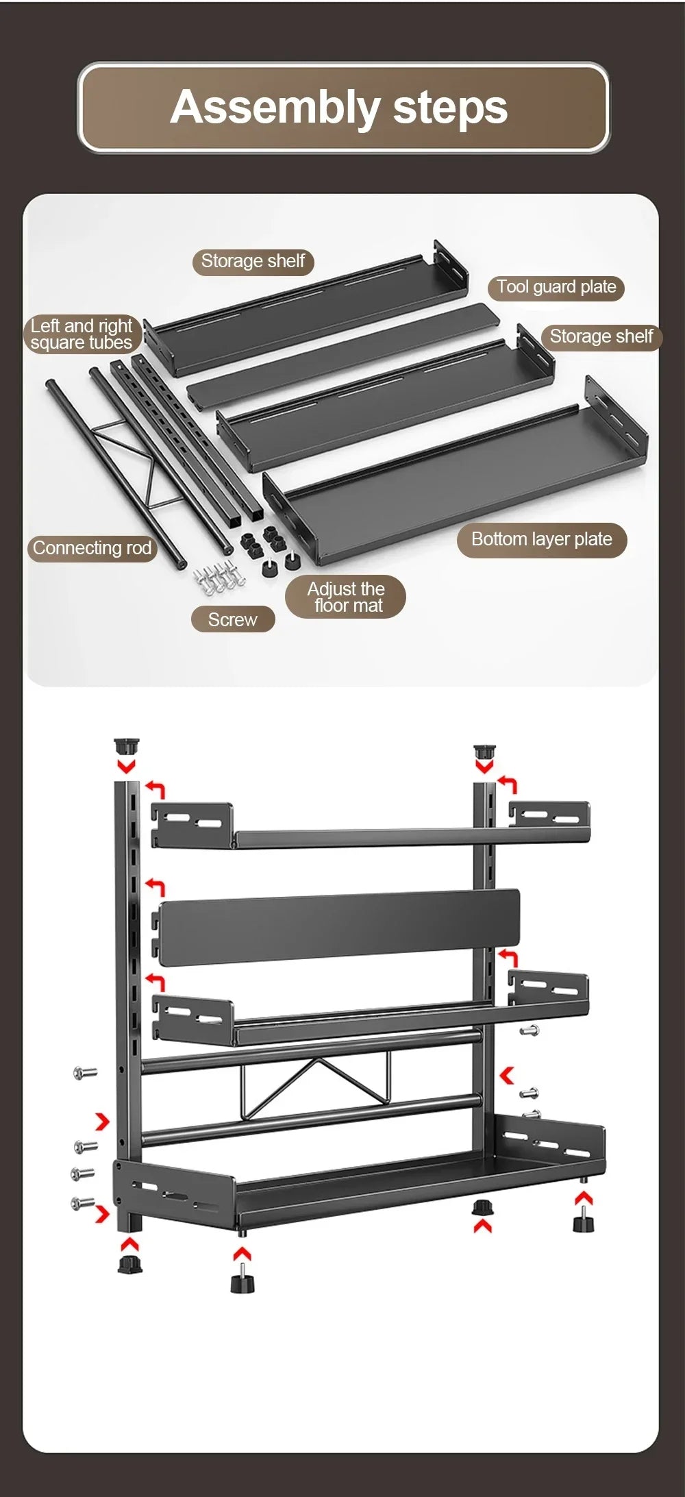 Kitchen Countertop Spice Shelf, sturdy black metal frame, 3-tier adjustable layout for cabinet and desktop neat arrangement