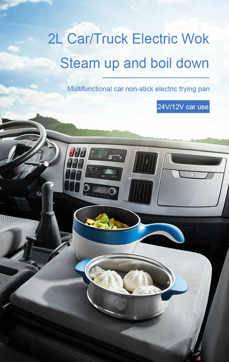 2L Travel 12V 24V Car Truck Multifunction Electric Cooking Skillet Double Layer Hot Pot Soup Heater Rice Cooker Food Steamer Pan