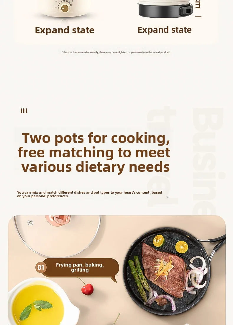 Electric Cooker 110V/220V Cooking Pot Foldable Hotpot 1.6L Portable Multi cookers Split Type Rice Cooker Frying Pan Home Travel