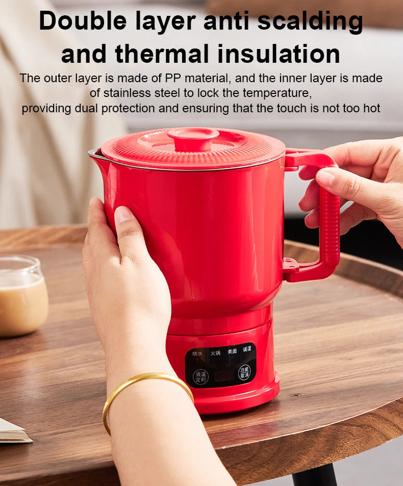Folding Portable Electric Kettle Insulated Hot Water Boiler Stainless Steel Travel Noodles Cooking Pot Stew Skillet 800ML Hotpot
