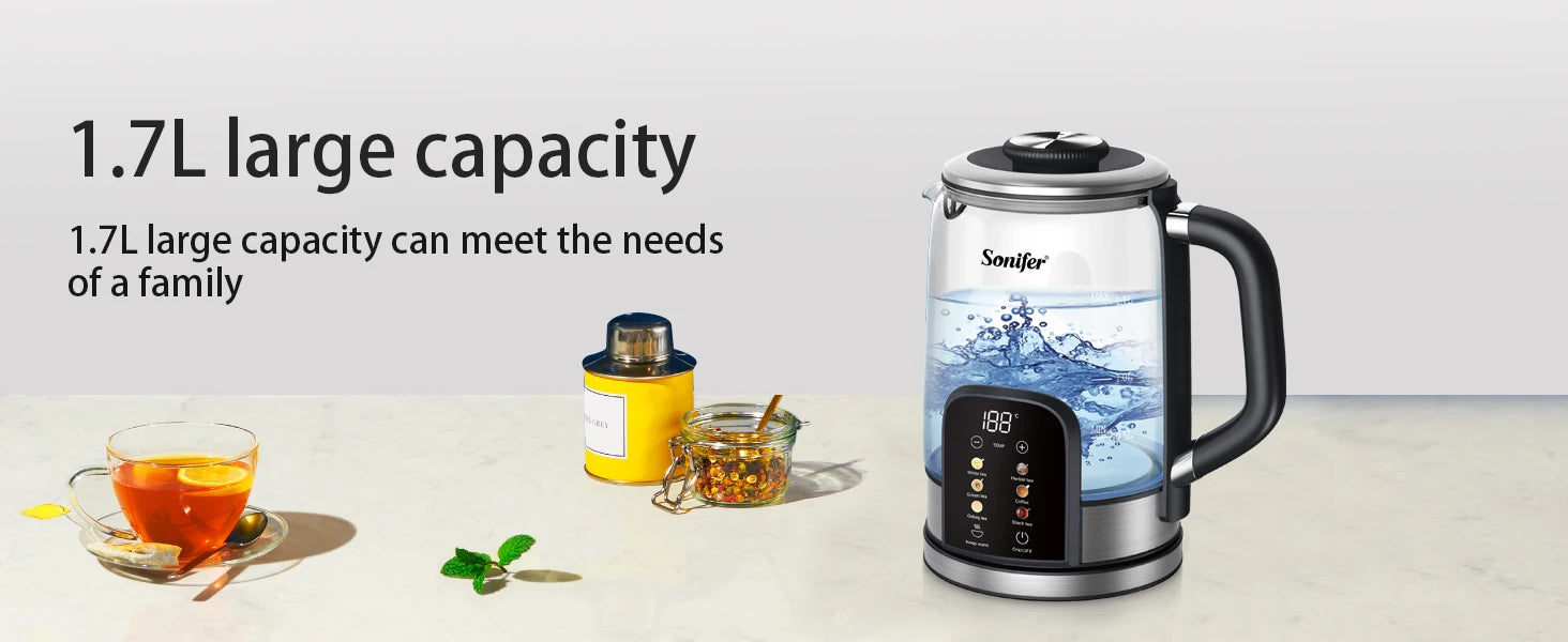 Sonifer 1.7L Glass Electric Kettle, Tea Kettle with Digital Temp Control, 6-Stage Heating, Keep Warm, 2200W Fast Boil