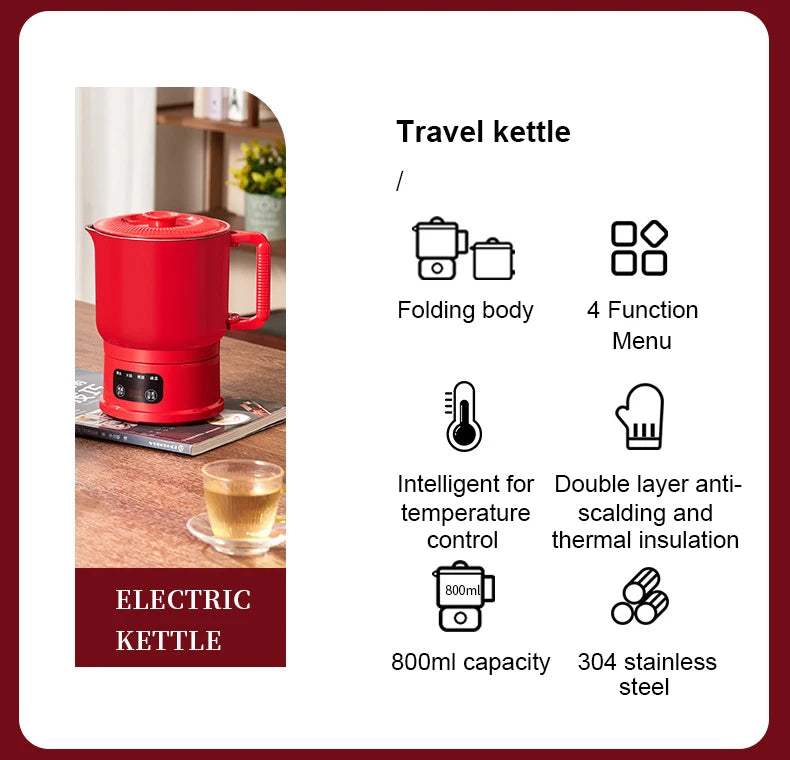 Folding Portable Electric Kettle Insulated Hot Water Boiler Stainless Steel Travel Noodles Cooking Pot Stew Skillet 800ML Hotpot