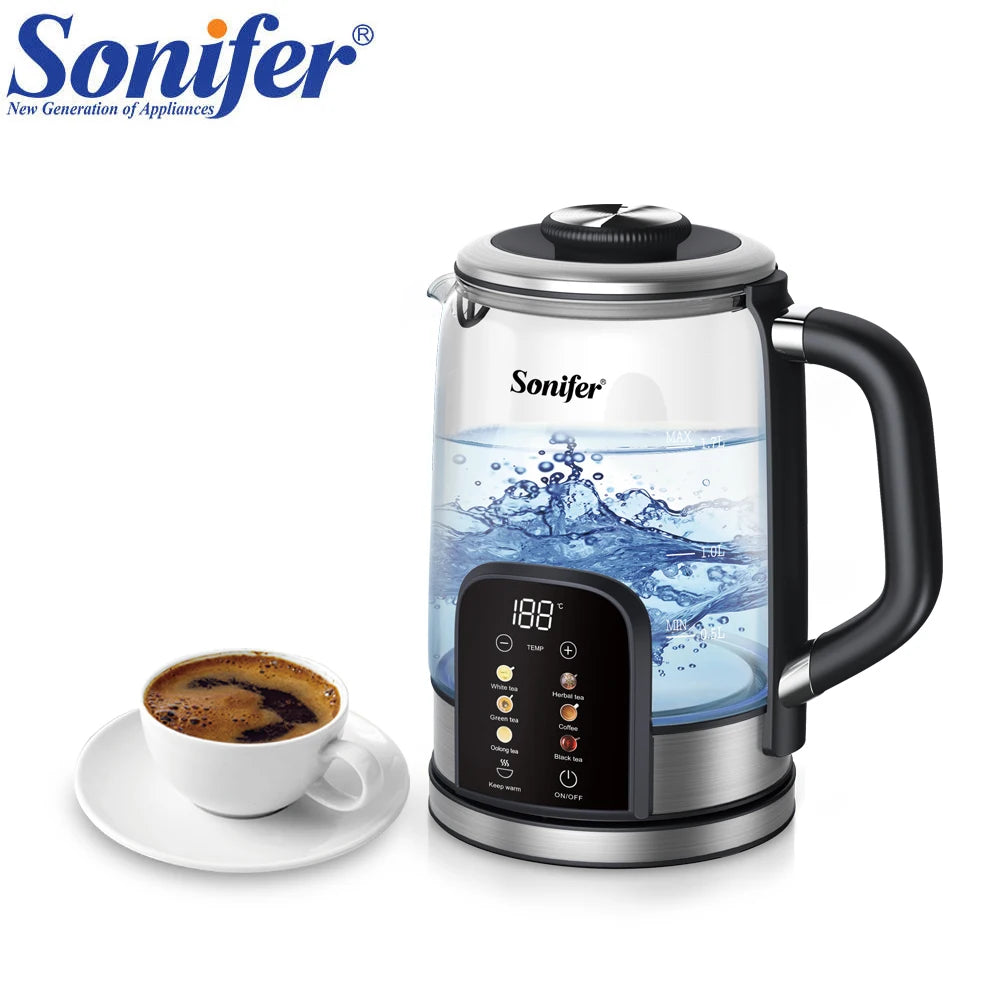 Sonifer 1.7L Glass Electric Kettle, Tea Kettle with Digital Temp Control, 6-Stage Heating, Keep Warm, 2200W Fast Boil