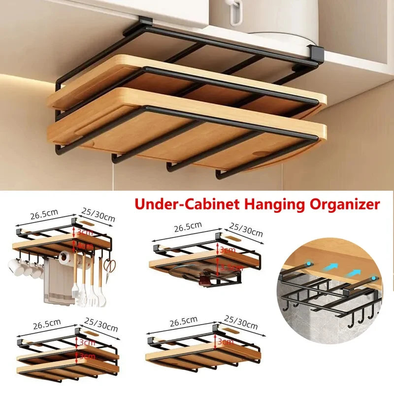 Kitchen Hanging Organizer Rack Under Cupboard with Hooks Paper Towel Rags Cutting Board Pot Cover Storage Holder