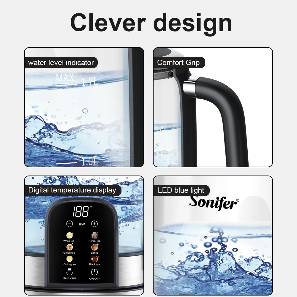 Sonifer 1.7L Glass Electric Kettle, Tea Kettle with Digital Temp Control, 6-Stage Heating, Keep Warm, 2200W Fast Boil