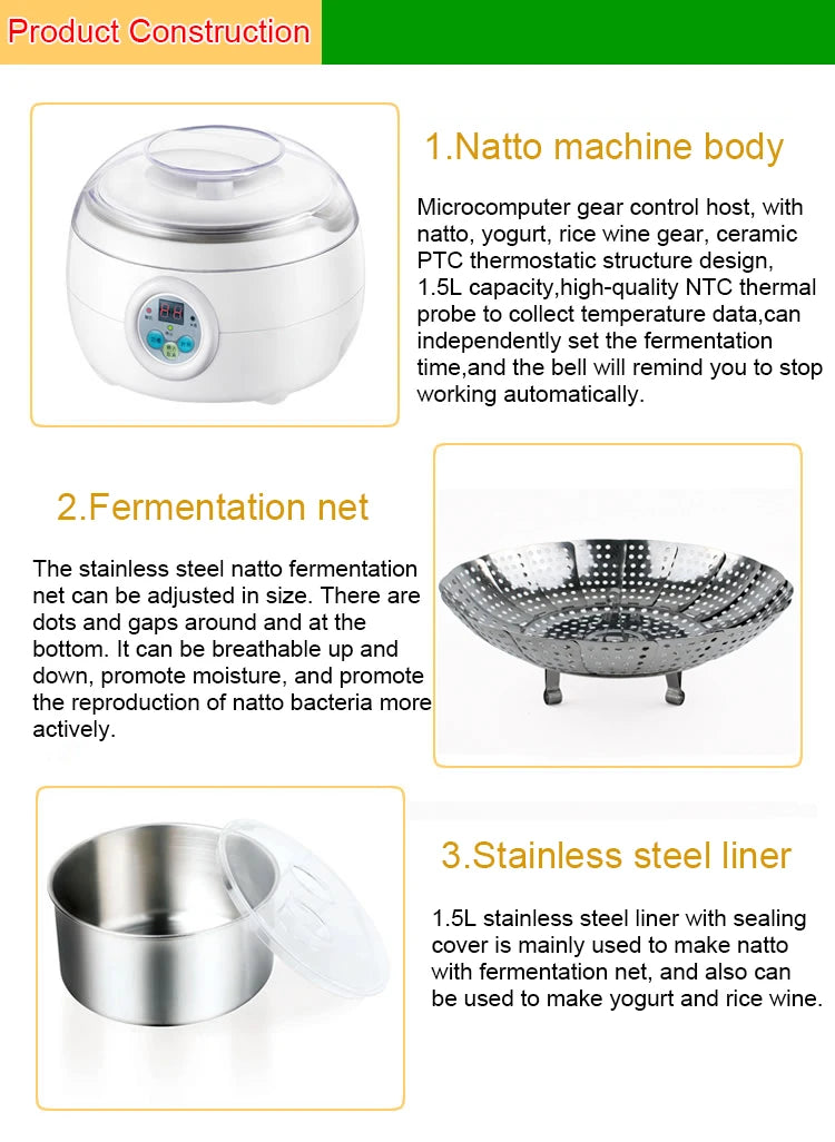 Automatic Electric Natto Maker Rice Wine Fermenting Machine Yogurt Leben Sour Cream Fermenter Yoghurt Stainless Steel Liner Cup