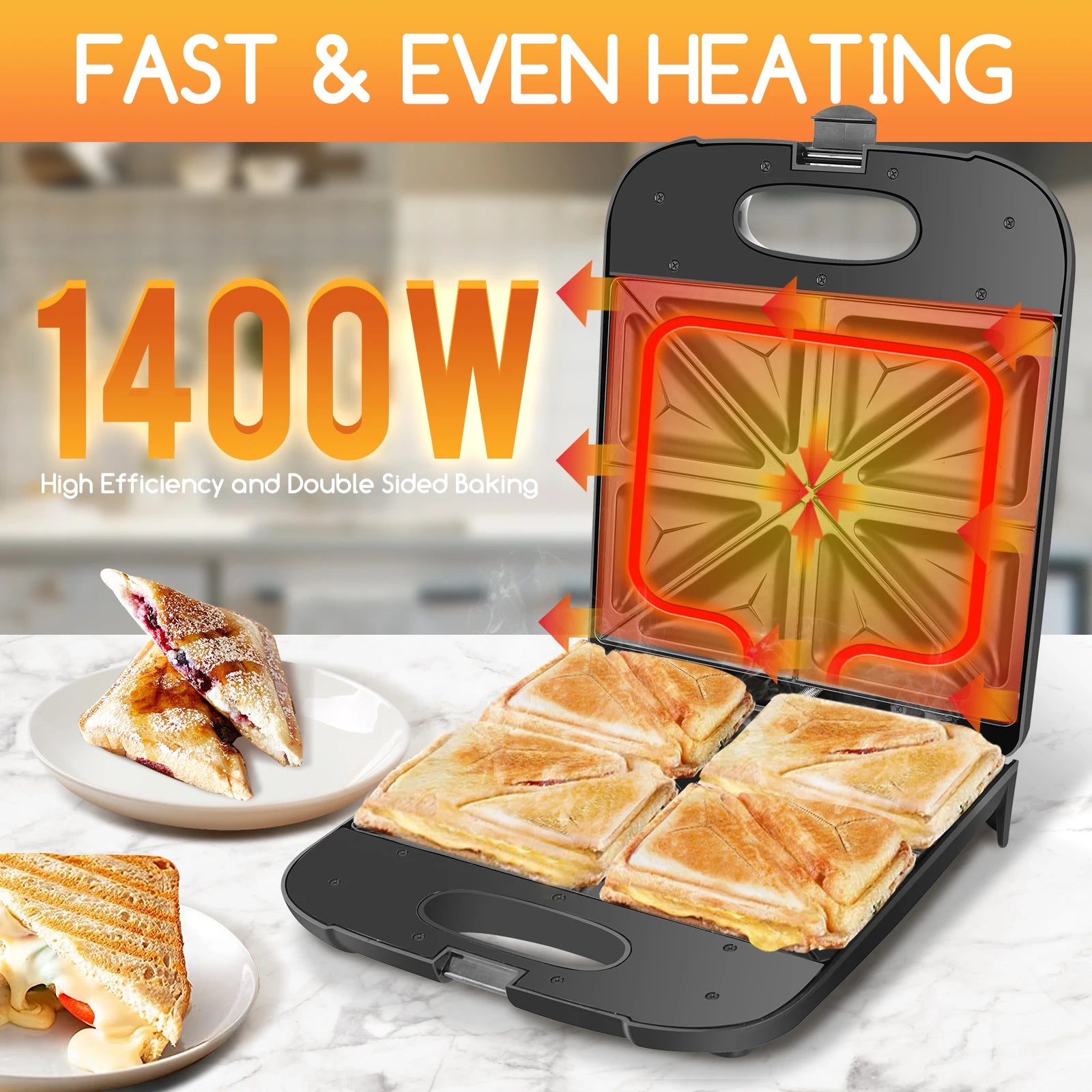 Aigostar Sandwich Maker XXL for 4 Sandwiches, 1400 W, Sandwich Toaster with Non-Stick Coating, Fast Heating, Temperature Control