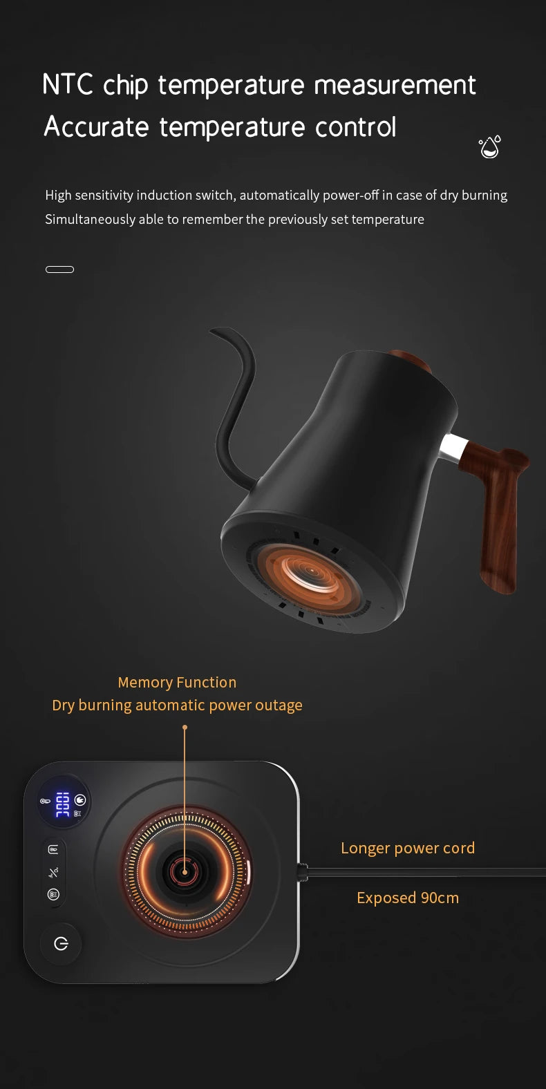 220V 110V 1200W 0.9L Gooseneck pour over coffee kettle with temperature control water tea                                                                   kettle