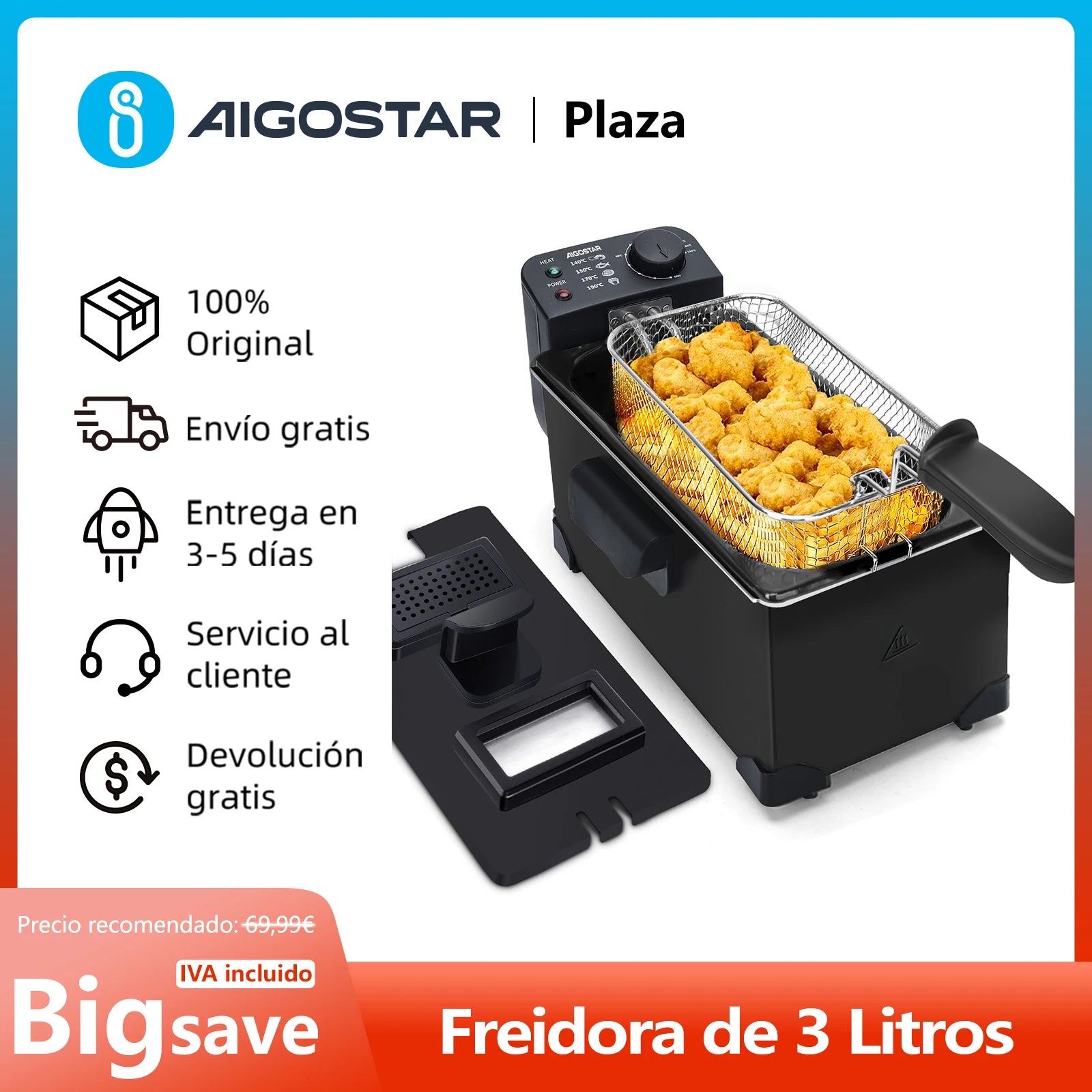 3L Fryer, 2200 W, Lid with Viewing Window, Adjustable Thermostat, 304 Stainless Steel and Removable Container