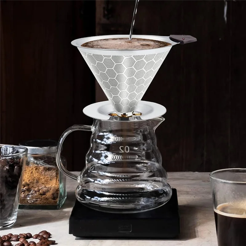 B98A-Pour Over Coffee Filter Dripper Reusable Stainless Steel Drip Coffee Maker Cone Coffee Mesh Filters For 1-4 Cup