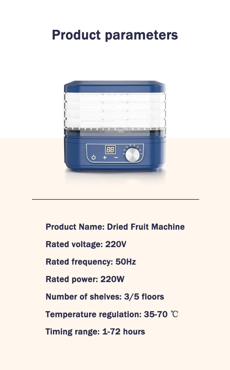 5 Trays Dried Fruit Air Dryer Multifunction Meat Vegetable Herb Drying Machine Digital Timer Temperature Control Food Dehydrator