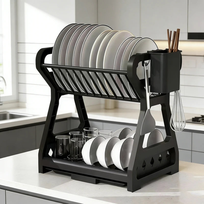 Kitchen Multifunctional Storage Rack, Bowl And Plate Organizer With Drainage Rack, Countertop Cutlery Storage Rack