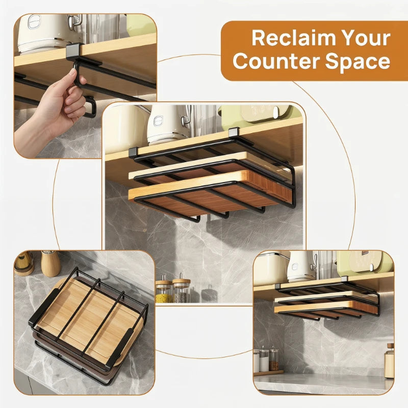 Kitchen Hanging Organizer Rack Under Cupboard with Hooks Paper Towel Rags Cutting Board Pot Cover Storage Holder