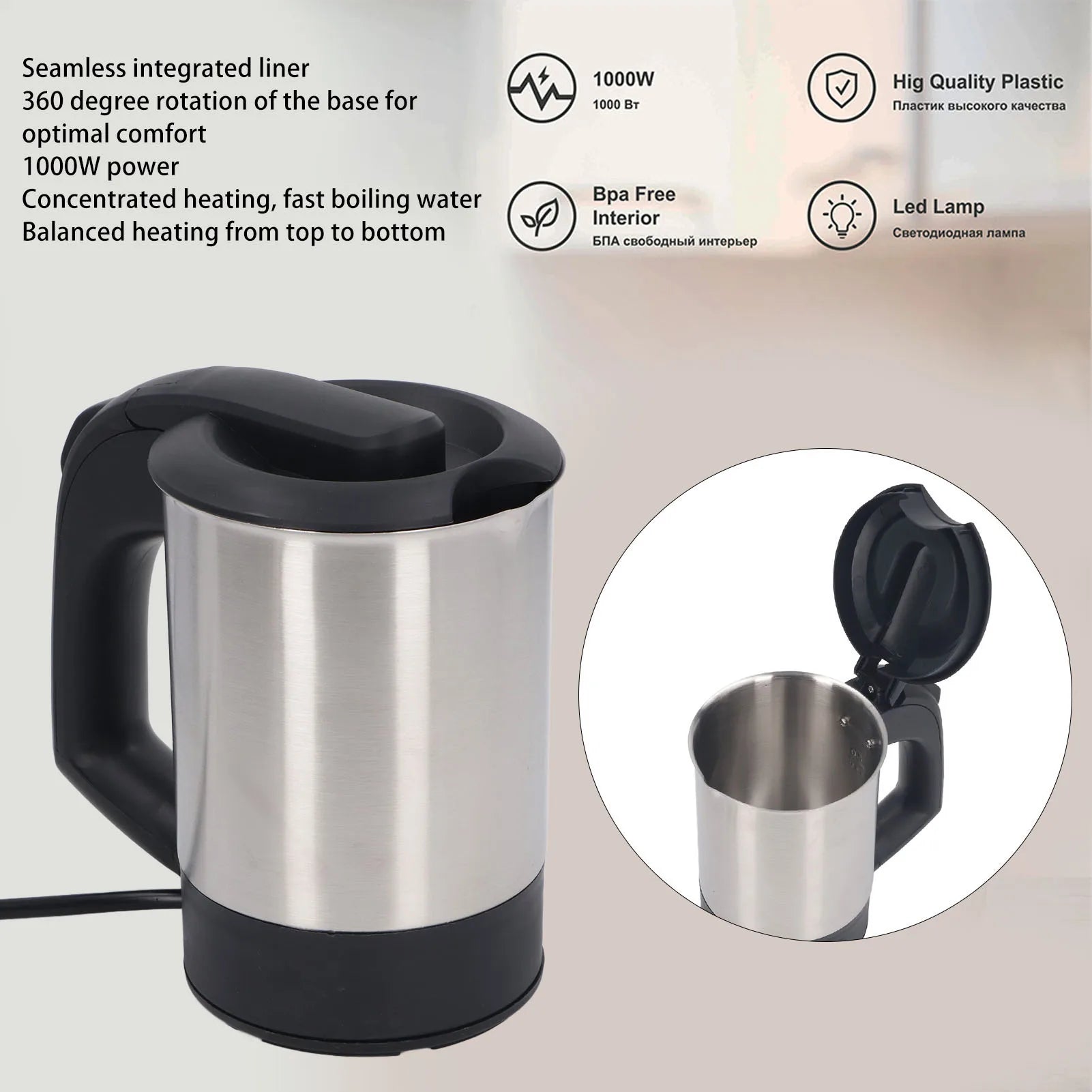 Electric Kettle 1000W 0.5L Stainless Steel Auto Shutoff Boil Dry Protection Water Boiler Heater with 2 Cups for Home