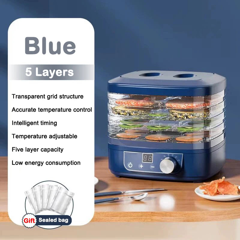 5 Trays Dried Fruit Air Dryer Multifunction Meat Vegetable Herb Drying Machine Digital Timer Temperature Control Food Dehydrator