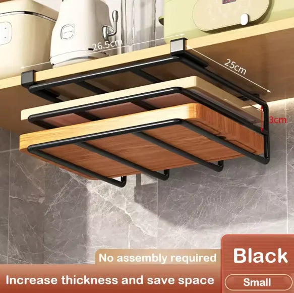 Kitchen Hanging Organizer Rack Under Cupboard with Hooks Paper Towel Rags Cutting Board Pot Cover Storage Holder