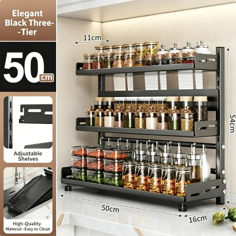 Kitchen Countertop Spice Shelf, sturdy black metal frame, 3-tier adjustable layout for cabinet and desktop neat arrangement