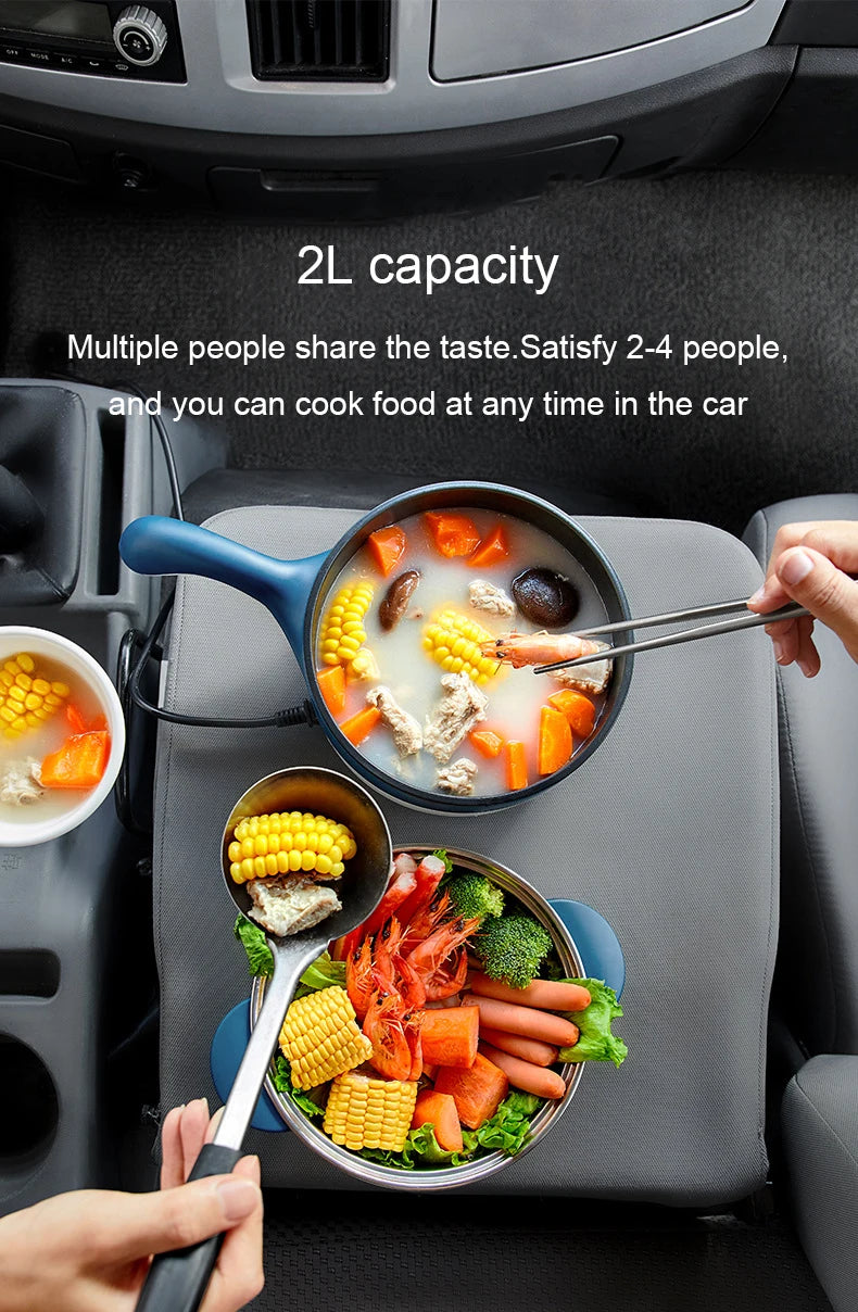 2L Travel 12V 24V Car Truck Multifunction Electric Cooking Skillet Double Layer Hot Pot Soup Heater Rice Cooker Food Steamer Pan