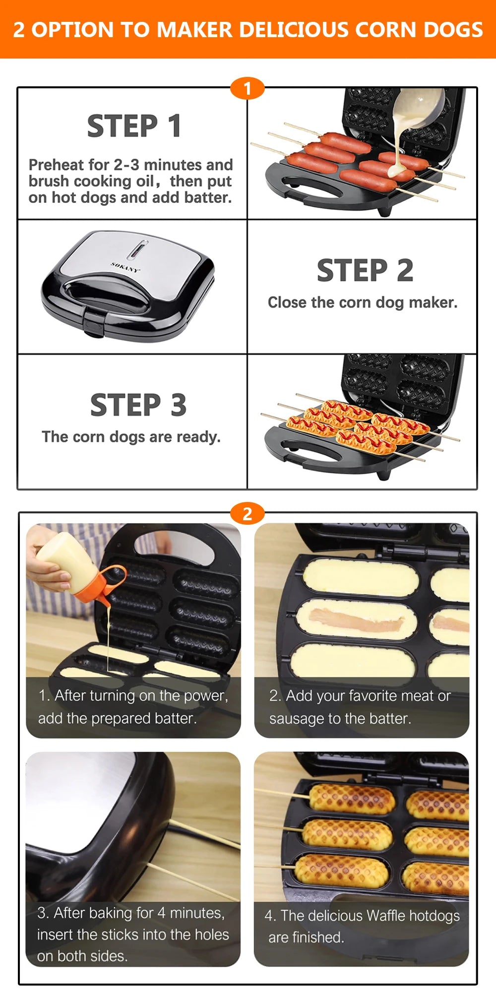 Electric Hot Dog Maker Crispy Corn Hotdog Waffle Maker Sausage Machine Breakfast Pan Baking Grill Kitchen Appliances 800W