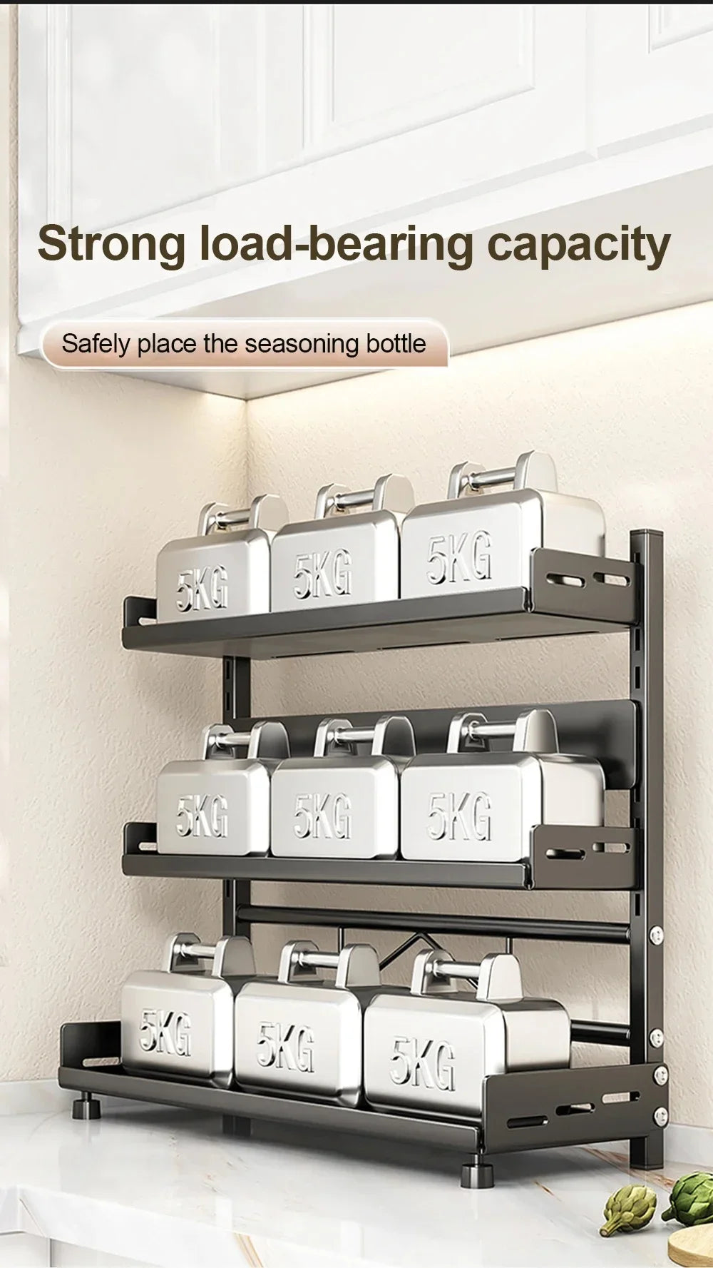 Kitchen Countertop Spice Shelf, sturdy black metal frame, 3-tier adjustable layout for cabinet and desktop neat arrangement