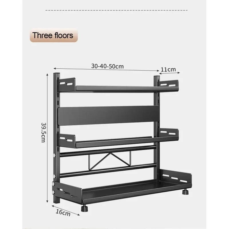 Kitchen Countertop Spice Shelf, sturdy black metal frame, 3-tier adjustable layout for cabinet and desktop neat arrangement