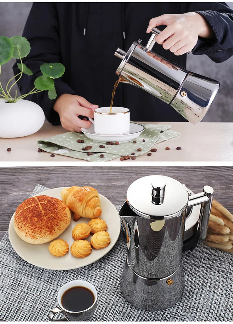 Italian Moka Coffee Pot Thickened Stainless Steel Mocha Kettle Cuban Espresso Maker Cup For Gas Stove Or Induction Cooker